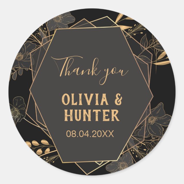 Adesivo Redondo Elegante Preto e Dourado Floral Obrigado (Frente)