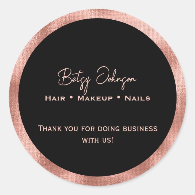 Adesivo Redondo Elegante Preto e Rosa Gold Foil Obrigado Sticker (Frente)