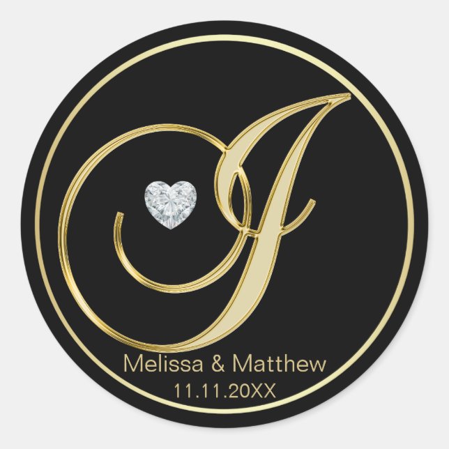 Adesivo Redondo Elegante preto Monograma Dourado Letra J Diamante  (Frente)