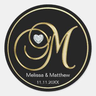 Adesivo Redondo Elegante preto Monograma Dourado Letra M Diamante