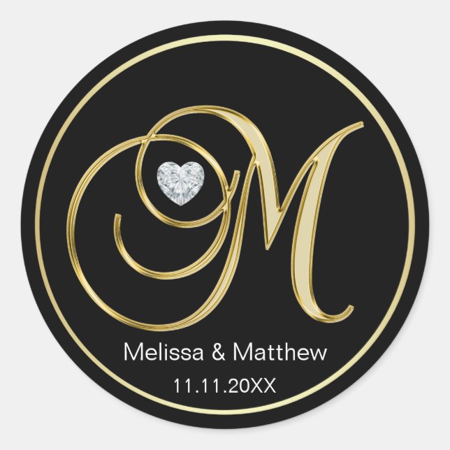 Adesivo Redondo Elegante preto Monograma Dourado Letra M Diamante  (Frente)