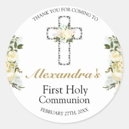 Adesivo Redondo Elegante Primeira Sagrada Cruz Floral da Comunhão