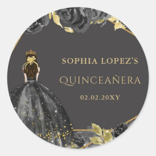 Adesivo Redondo Elegante Princesa Quinceanera Floral Preto Dourado