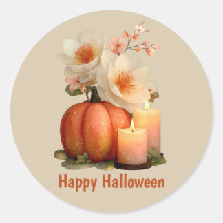 Adesivo Redondo Elegante Pumpkin e Flores Halloween