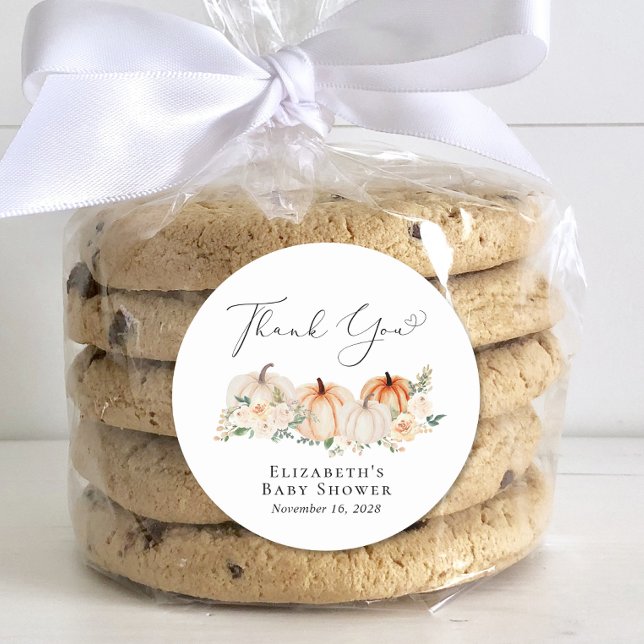 Adesivo Redondo Elegante Pumpkin Floral Chá de fraldas Obrigado (Criador carregado)