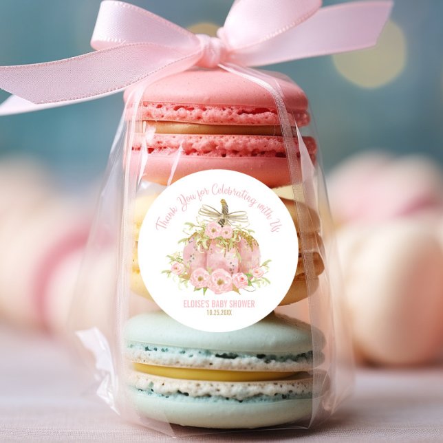 Adesivo Redondo Elegante Pumpkin Rosa Favor do Chá de fraldas Obri (Criador carregado)