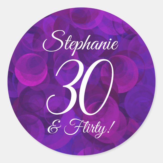 Adesivo Redondo Elegante Purple 30 e Flirty Birthday Favor (Frente)