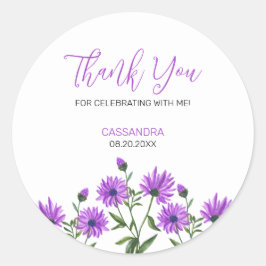 Adesivo Redondo Elegante Purple Xeranthemum Floral Obrigado
