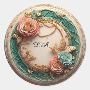 Adesivo Redondo Elegante Quadro Floral Verde Com Rosas Pink