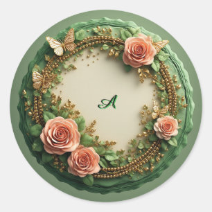 Adesivo Redondo Elegante Quadro Floral Verde Com Rosas Pink