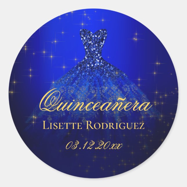 Adesivo Redondo Elegante Quinceanera Azul e Dourado Personalizado (Frente)