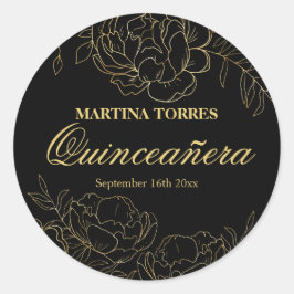 Adesivo Redondo Elegante Quinceanera Preto e Dourado Vinheta Flora