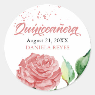 Adesivo Redondo Elegante Quinceanera Rosa Rosa, Cor de Água, Pers