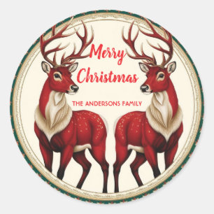 Adesivo Redondo Elegante Red Deer Moose Dourada Snow, festa Xmas