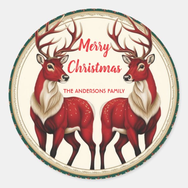 Adesivo Redondo Elegante Red Deer Moose Dourada Snow, festa Xmas (Frente)