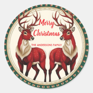 Adesivo Redondo Elegante Red Deer Moose Dourada Snow, festa Xmas