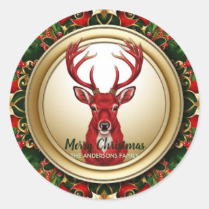 Adesivo Redondo Elegante Red Deer Wreath Holly Berries Dourado Xma
