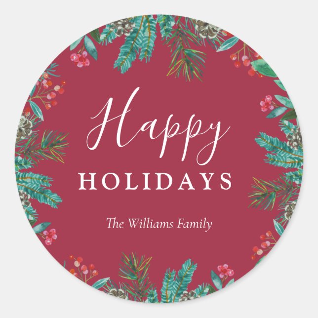 Adesivo Redondo Elegante Red Happy Holidays Nome da Família Wreath (Frente)