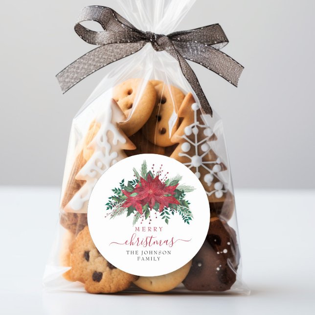 Adesivo Redondo Elegante Red Poinsettia Natal (Elegant Red Poinsettia Floral Script Christmas Classic Round Sticker)