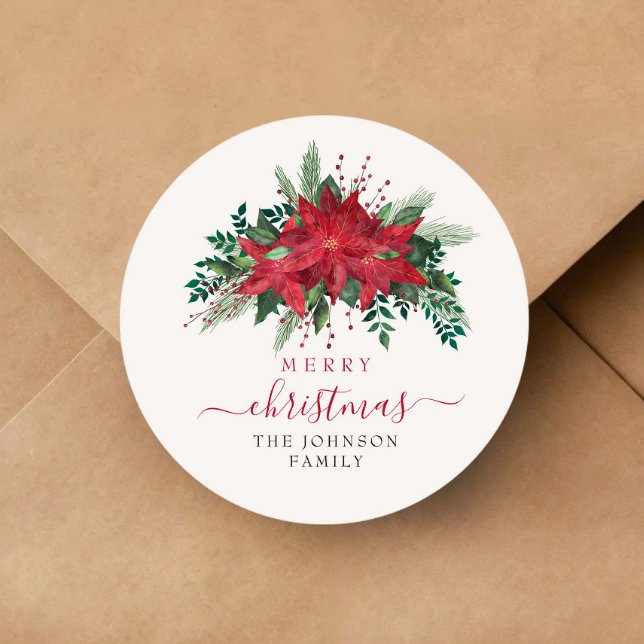 Adesivo Redondo Elegante Red Poinsettia Natal (Elegant Red Poinsettia Floral Script Christmas Classic Round Sticker)