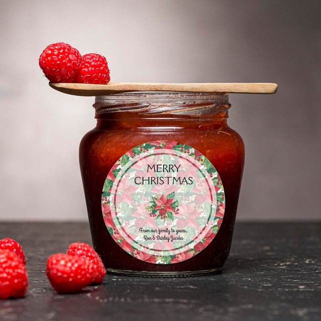 Adesivo Redondo Elegante Red Poinsettias Feliz Natal (Elegant Red Poinsettias Merry Christmas Round Stickers)