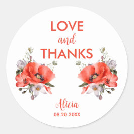 Adesivo Redondo Elegante Red Poppy Greenery Amor e Obrigados