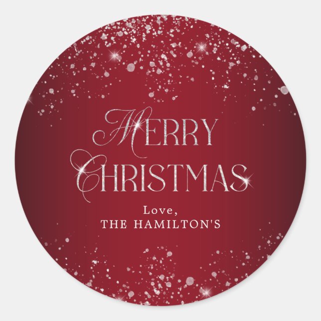Adesivo Redondo Elegante Red Silver Glitter Feliz Natal (Frente)