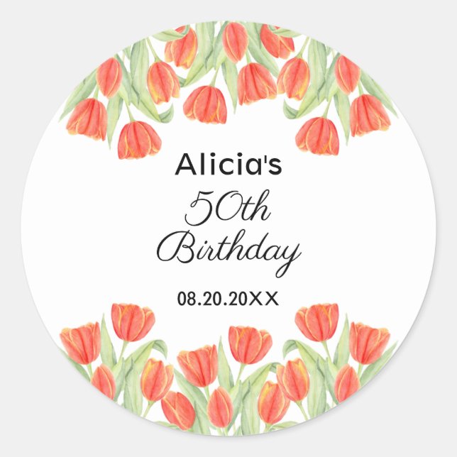 Adesivo Redondo Elegante Red Tulip Botânica 50º Aniversário (Frente)