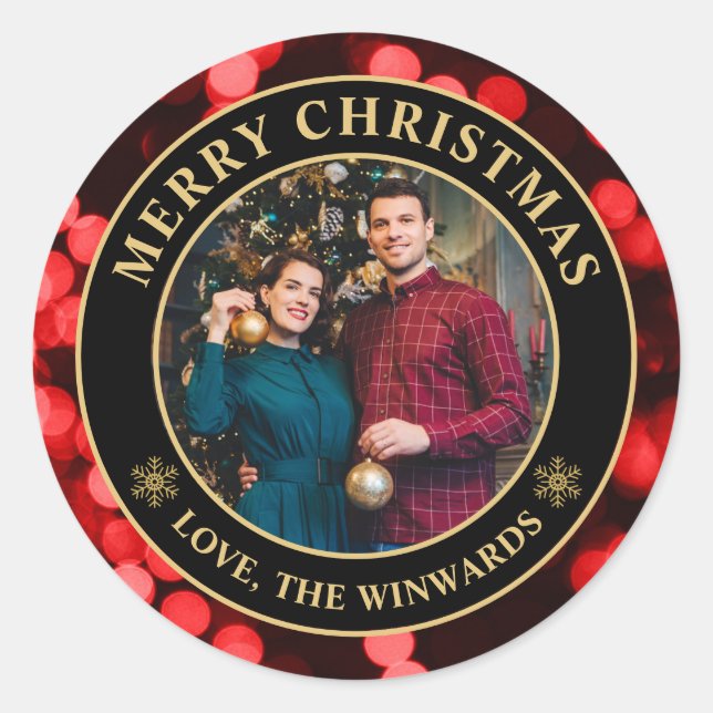 Adesivo Redondo Elegante Red Winter Bokeh Family Feliz Natal (Frente)