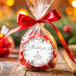 Adesivo Redondo Elegante Red Winter Floral Chá de fraldas Obrigado