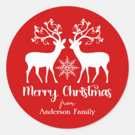Adesivo Redondo Elegante Reindeers Merry Christmas Family Name Red