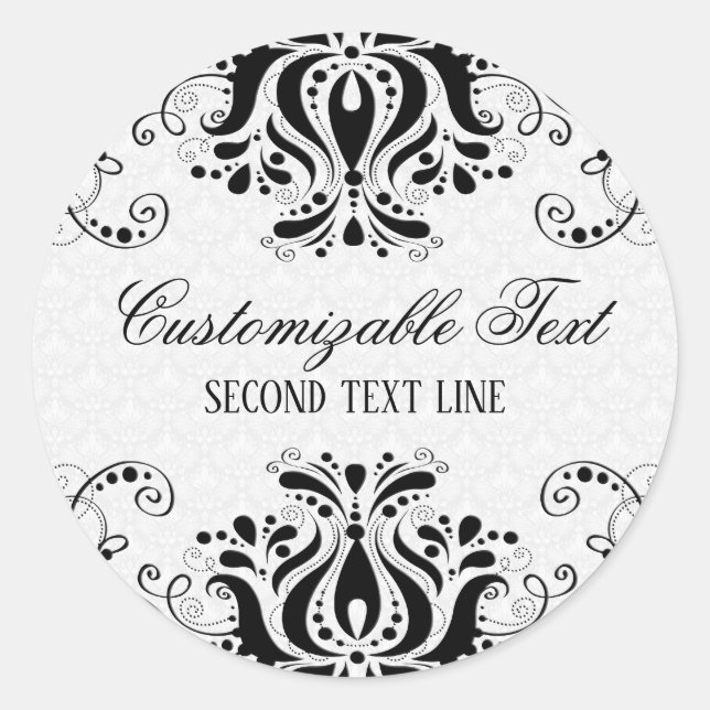Adesivo Redondo Elegante renda floral preta e damascos brancos (Frente)