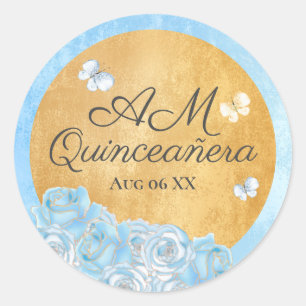 Adesivo Redondo Elegante Rosa Azul Dourada Borboletas Quinceañera