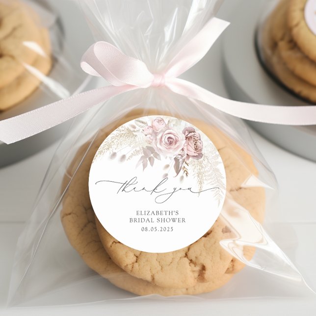 Adesivo Redondo Elegante Rosa Blush Chá de panela, Obrigado (Criador carregado)