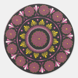 Adesivo Redondo Elegante rosa Dourado Mandala, Boho Zen Dot Art Fl