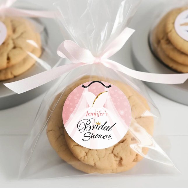 Adesivo Redondo Elegante rosa e Dourado Chá de panela de vestidos (Dridal Shower Favor Sticker)