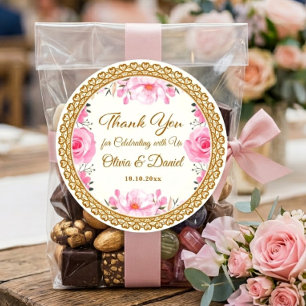 Adesivo Redondo Elegante Rosa Floral e Folha de Ouro Agradecimento