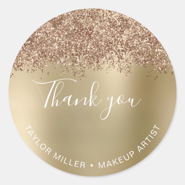 Adesivo Redondo Elegante rosa ouro cobre glitter obrigado (Frente)