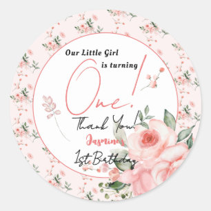 Adesivo Redondo Elegante Rosa Rosa Aguarela Menina 1º Aniversário