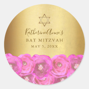 Adesivo Redondo Elegante Rosa Rosa Floral Dourado Bat Mitzvah