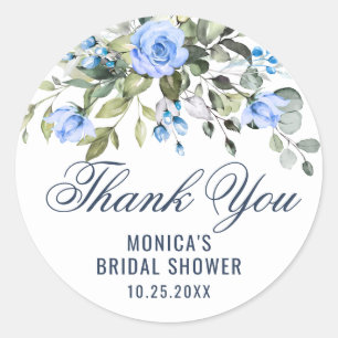 Adesivo Redondo Elegante Rosas Azuis Eucalyptus Floral Obrigado