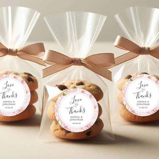 Adesivo Redondo Elegante Rosas Rosa Favor do Casamento Obrigado (Elegant Pink Roses Love and Thanks Wedding Favor Stickers)