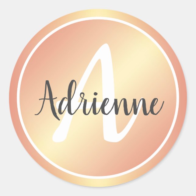 Adesivo Redondo Elegante Rosé Dourado Pastel Rosa Amarelo Nome Mon (Frente)