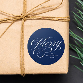Adesivo Redondo Elegante Rótulo de Calligraphy Alegre Natal Azul-M