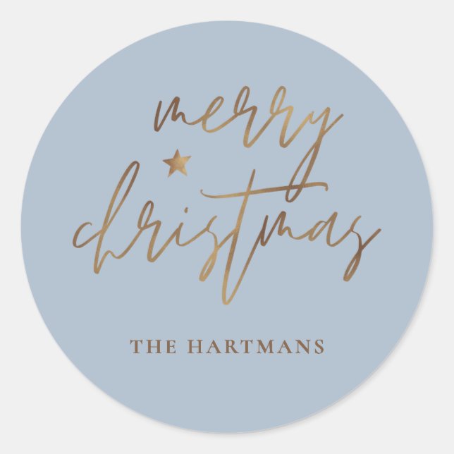Adesivo Redondo Elegante Rótulo Feliz Natal Estrela Dourada Azul (Frente)