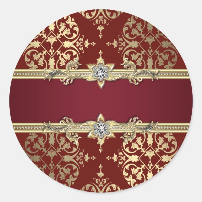 Adesivo Redondo Elegante Ruby Red Dourada Damask Stickers (Frente)