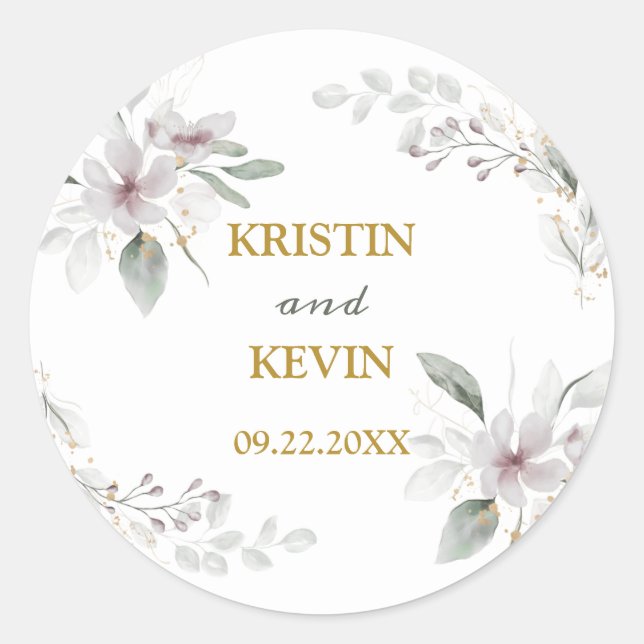 Adesivo Redondo Elegante Rusty Flores Brancas em aquarela Dourado (Frente)