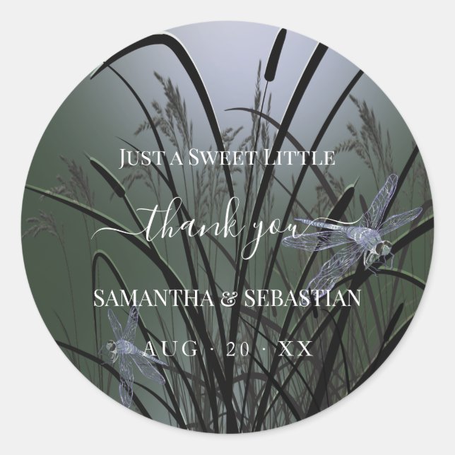 Adesivo Redondo Elegante Sage Green Dragonflies Obrigado (Frente)