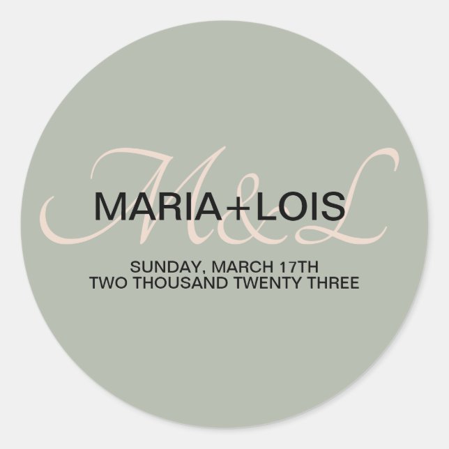 Adesivo Redondo Elegante Sage Green Pink Weded Monogrammed (Frente)