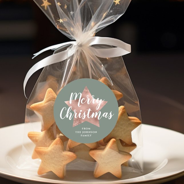 Adesivo Redondo Elegante Sage Green Rosa Dourado Star Christmas (Modern Sage Green Rose Gold Star Christmas Classic Round Sticker)